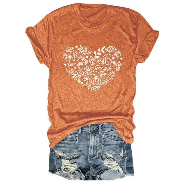 HNMKIU T-Shirt Graphique pour Femmes Halloween, Mode d'Automne, T-Shirt Décontracté à Manches Courtes, Haut à Imprimé Unique à Empiècements, Mélange Confortable, Orange, P