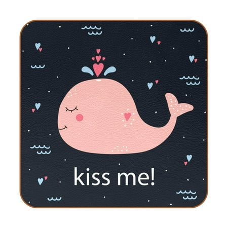 

OWNTA Kiss Me Pink Whale-01 Pattern Premium 6-Piece Square Coaster Set in Microfiber Leather - Non-Slip & Absorbent Cup Mats
