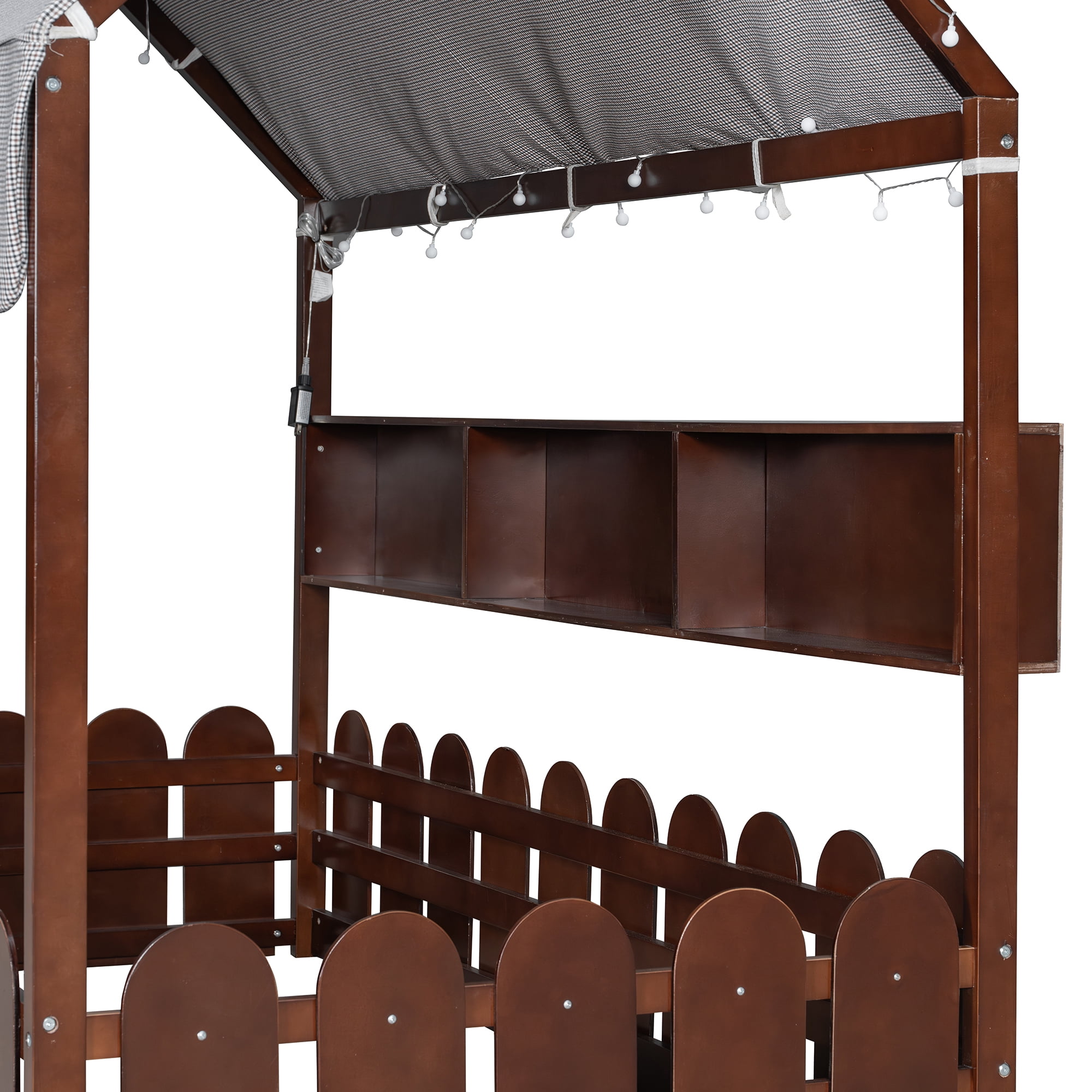 Aukfa Full Size House Bed with Fence and Tent for Kids, Wooden Montessori Bed with LED Lights & Storage Shelves for Toddler Boys and Girls Bedroom, Espresso