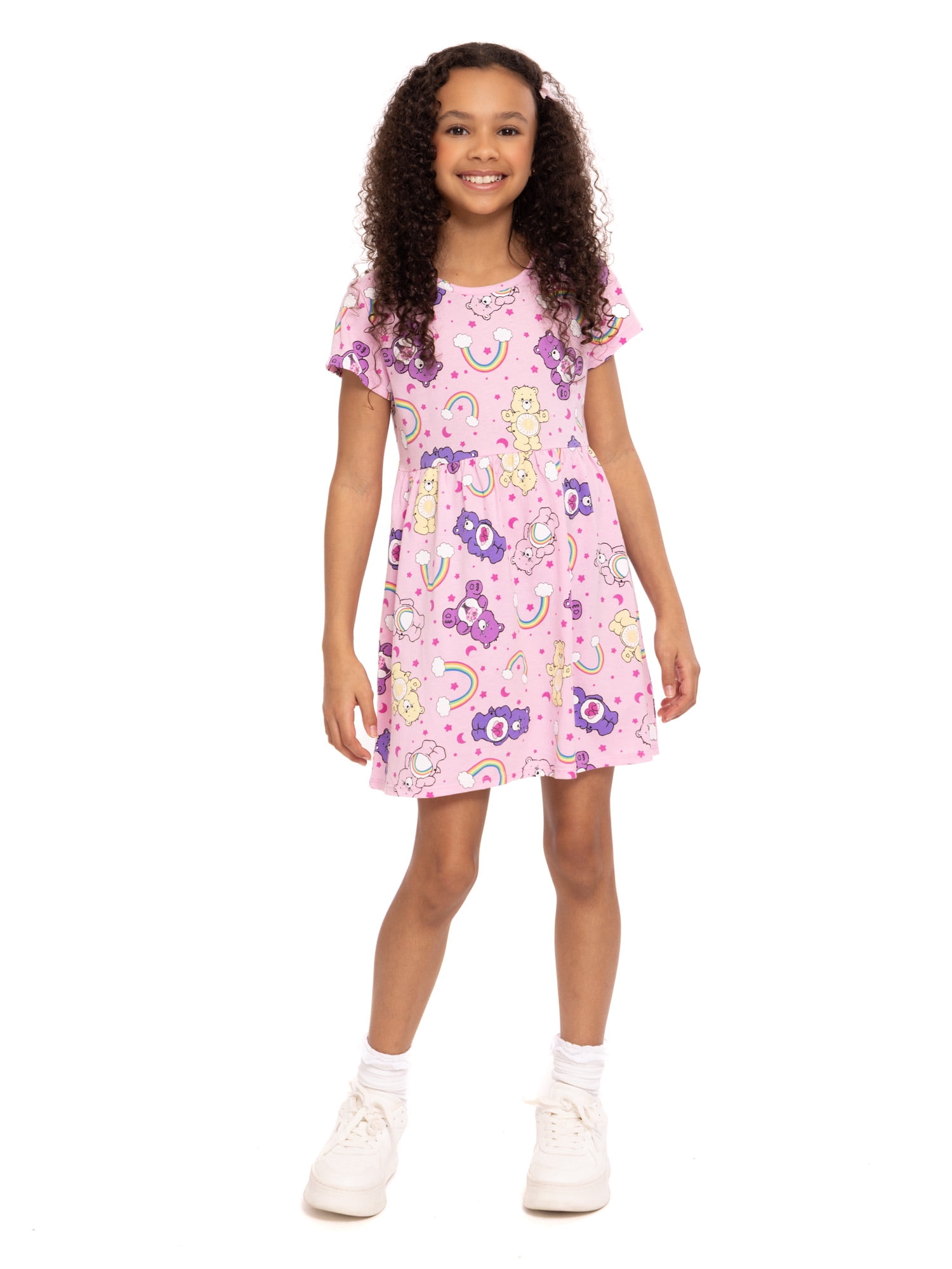 Care Bears Girls Allover Print Dress with Short Sleeves, Sizes 4-12