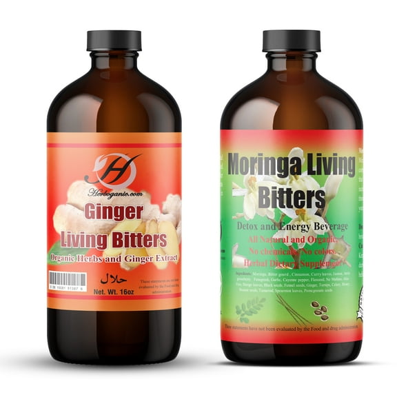 Herboganic Moringa Living Bitters And Ginger Living Bitter Combo Pack 16 Oz Each for Overall Health