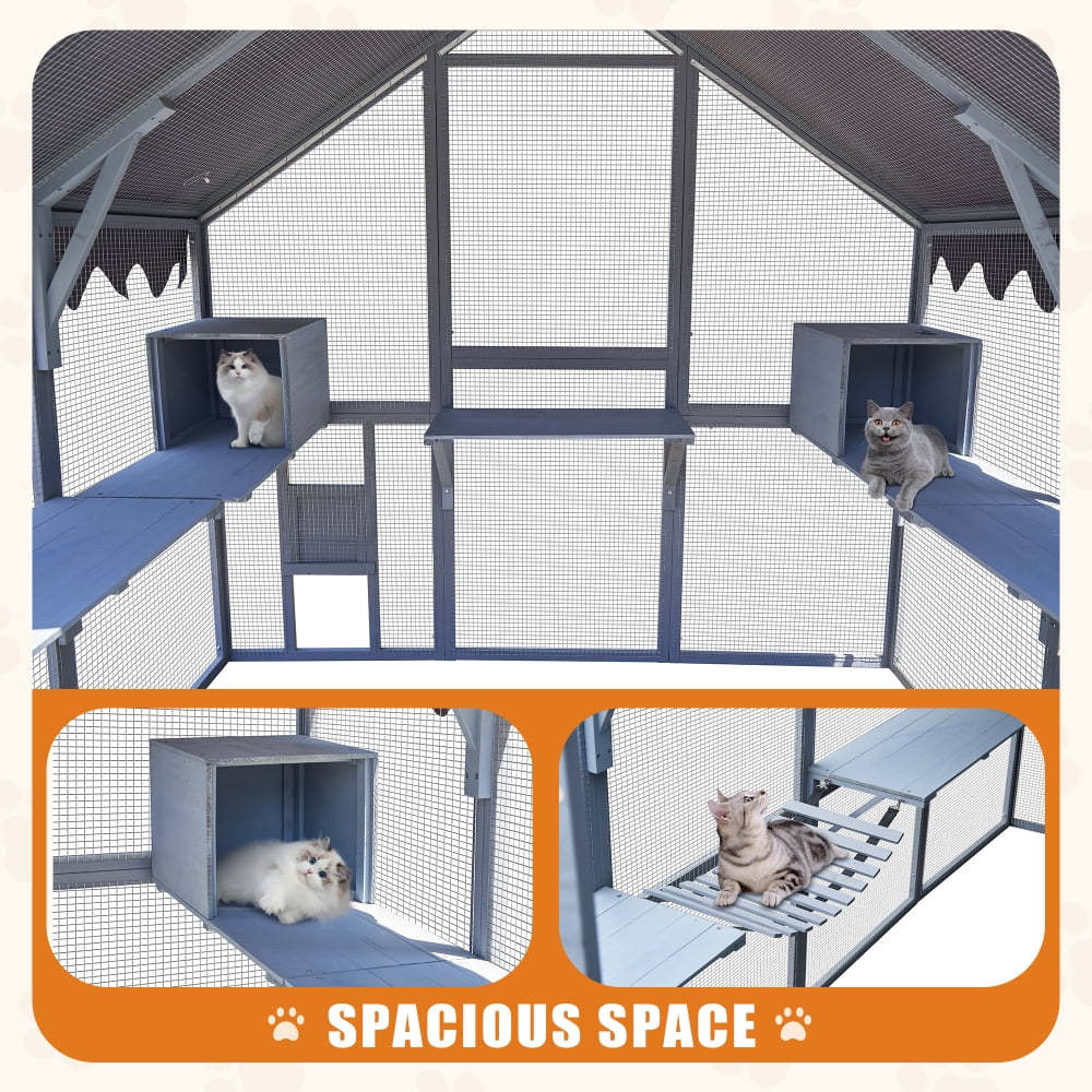 110" Large Outdoor Cat House Enclosure Playpen w/ Waterproof Roof, Platforms, Walk-in Door