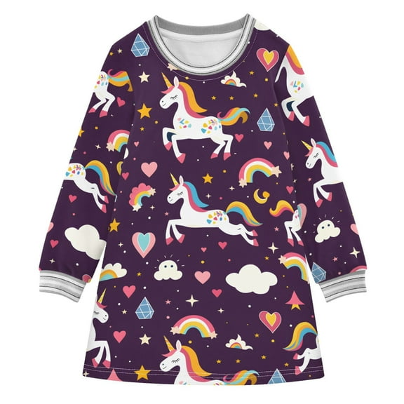Girls' long-sleeved dress Unicorn Decorated Rainbow Girls' A-line dress with ribbed cuffs Soft and comfortable