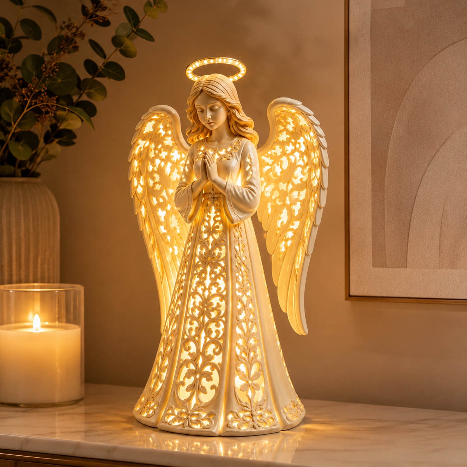 Angel Christmas Guardian Light LED Lighted Praying Statue with Warm White Glow Hollow Carved Resin Figurine for Christmas Home Tabletop Decoration