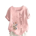thumbnail image 3 of DDAPJ pyju Women's Linen Blouse Butterfly Floral Print Short Sleeve Casual Loose Round Neck Tshirt Trendy Summer Boxy Top Pink XL, 3 of 5