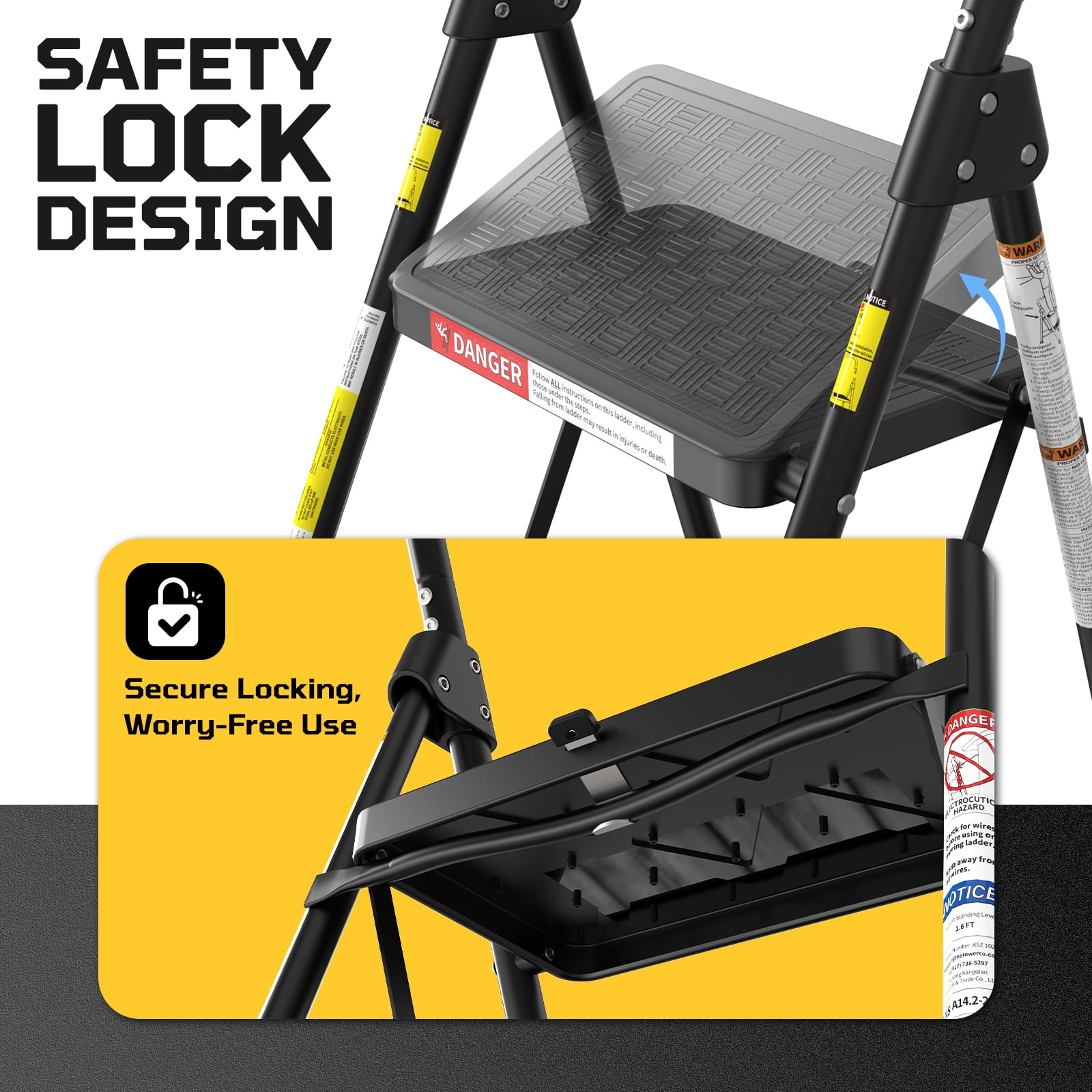 ASoopher 3 Step Ladder with Anti-Slip Pedal, Sturdy Steel Step Stool for Kitchen, Black