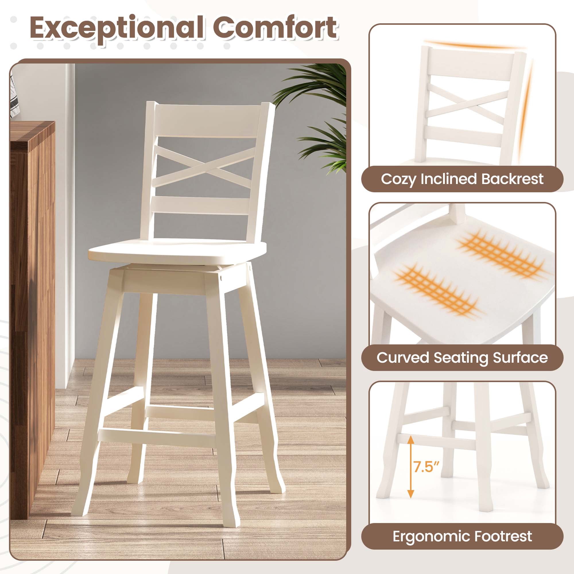 Costway Swivel Inclined Backrest Bar Stools, White (Set of 2)