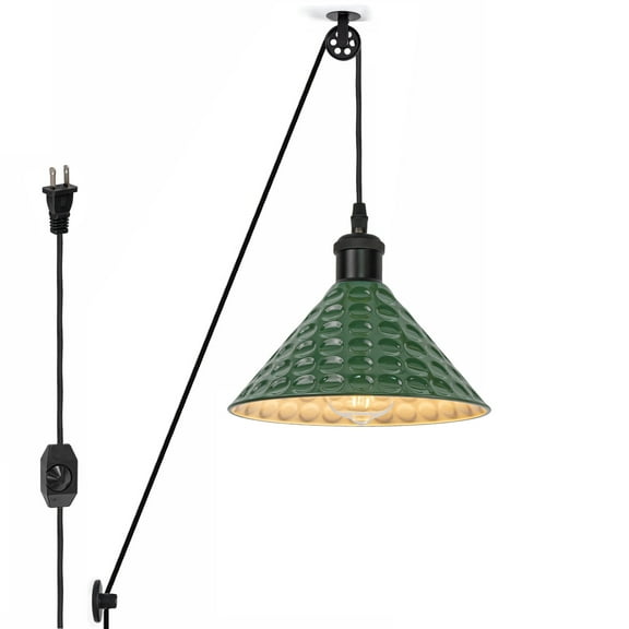 Kiven Plug in Modern Pendant Light, Pulley Hanging Light with Green Iron Lampshade and 15FT Plug-in Cord, Dimmable Ceiling Pendant Light for Bedroom Hallway Foyer Kitchen Island, E26 Base