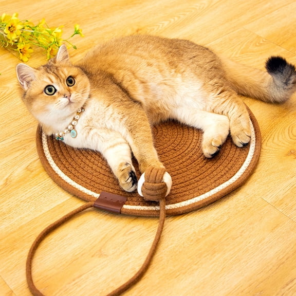Round Woven Cotton Rope Cat Scratcher Mat with Built-in Interactive Toy, Durable Breathable Cat Scratching Pad & Cozy Resting Bed for Indoor Cats Kittens, Non-Slip All Season Pet Mat
