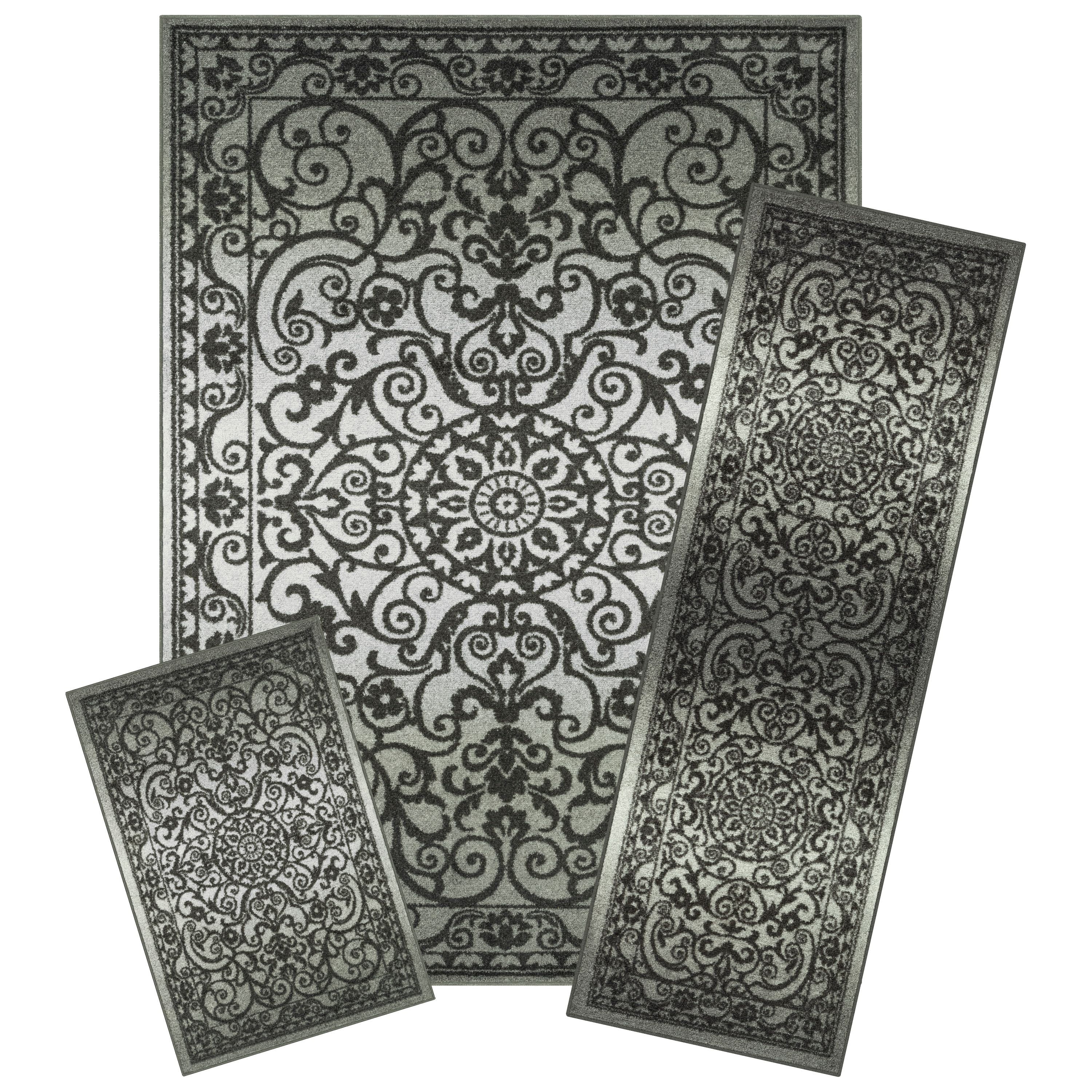 Mainstays India Medallion Textured Print Area Rug Set, Gray, 3Piece