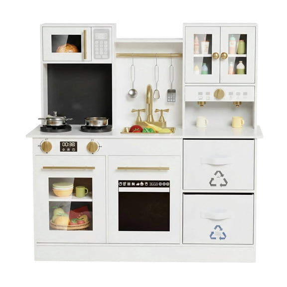 TLSUNNY Kids Wooden Play Kitchen with Lights & Sounds, Sink, Microwave & Fabric Boxes, Pretend Cooking Toy Set for Toddlers, White