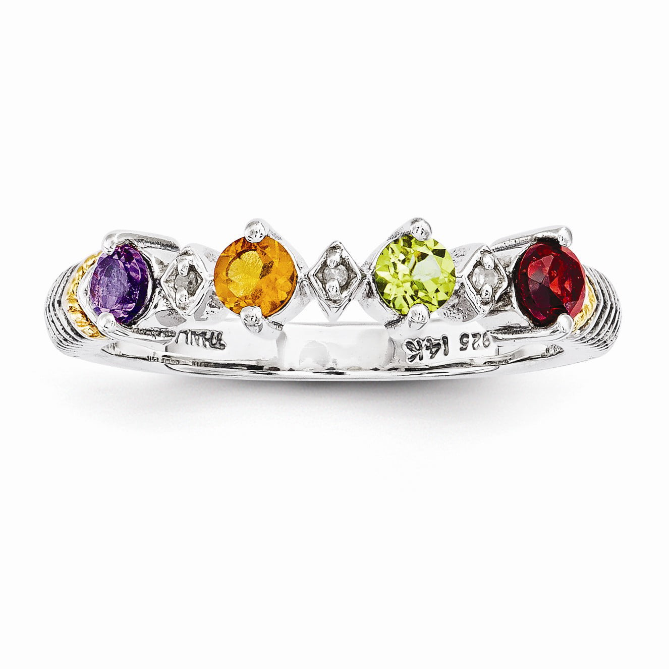 Sterling Silver & 14k Three-stone and Diamond Mothers Ring Semi-Mount Size 8 Length Width 7