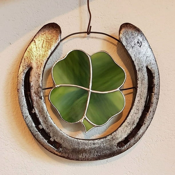 Xihbxyly Adorno de Trébol de Cuatro Hojas, Diseño En Forma de Herradura, Decoración de Cristal Verde, Símbolo de La Suerte para La Salud y La Riqueza, Decoración para La Pared o El Escritorio, Ideal