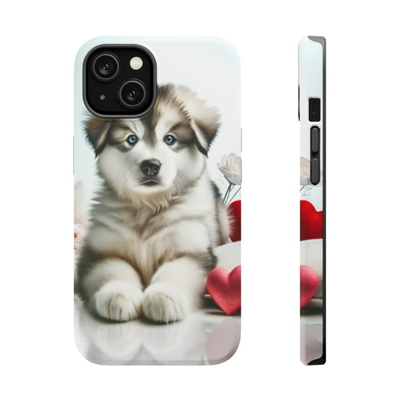 DistinctInk Tough Case for Apple iPhone 13 (6.1" Screen), Compatible with MagSafe Charging - Valentine's Day Alaskan Malamute Puppy