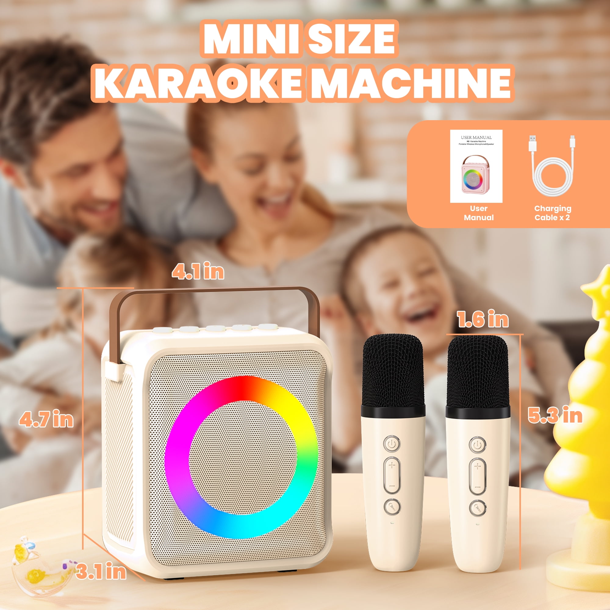 BONAOK Mini Karaoke Machine for Kids, Portable Bluetooth Speaker with 2 Wireless Microphones, Girls Gifts for Christmas Home Party, White