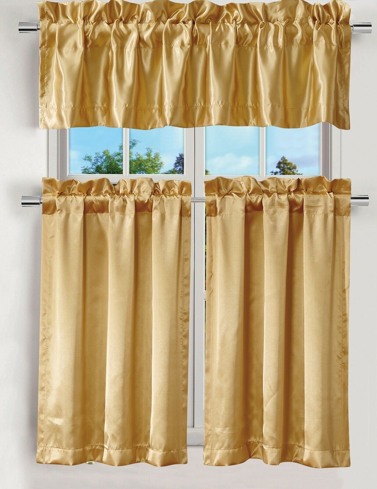 GOLD SATIN 3PC KITCHEN NURSERY SOLID COLOR CURTAIN VALANCE SIZE 60