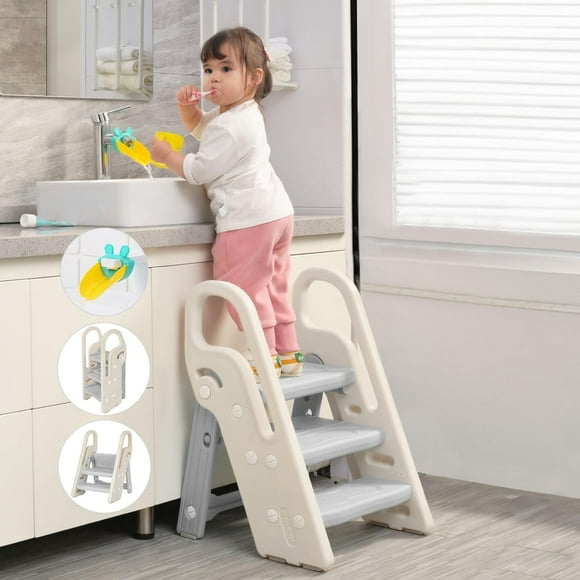 Foldable Step Stool for Bathroom Sink, Adjustable 3 Step Stool for Kids Toilet Potty Training Stool with Handles, Child Kitchen Counter Stool Helper, Plastic Ladder for Toddlers Grey