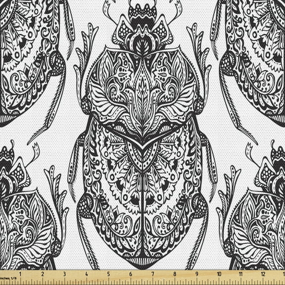 Ambesonne Egyptian Fabric by the Yard Upholstery, Mythological Scarabs, 2 Yards, Black White
