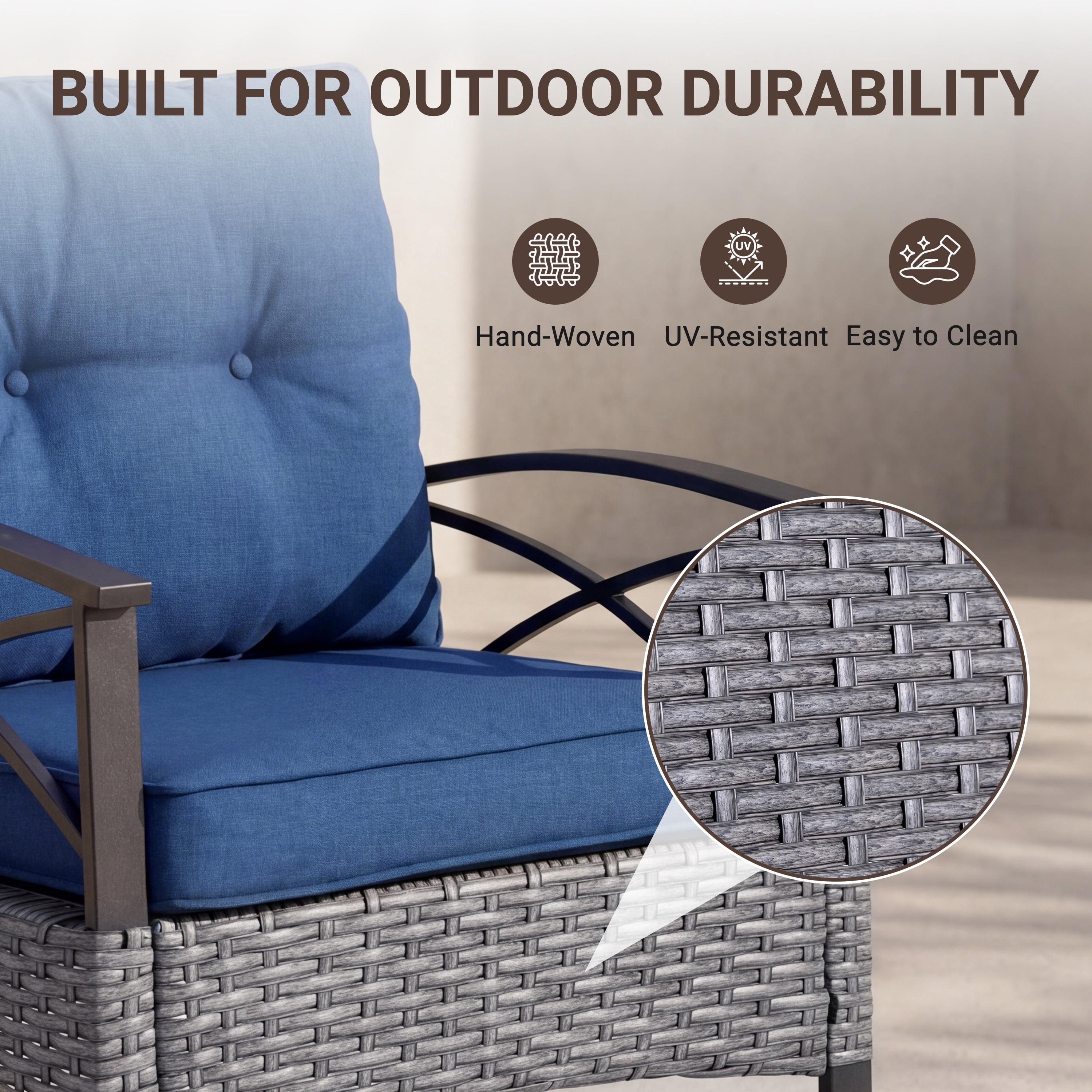 3 PCS Rocking Bistro Set, Outdoor Patio Porch Furniture Sectional Chairs with Coffee Table, PE Rattan Patio Furniture Conversation Set for Lawn Pool, Courtyard, Garden, Balcony - Blue