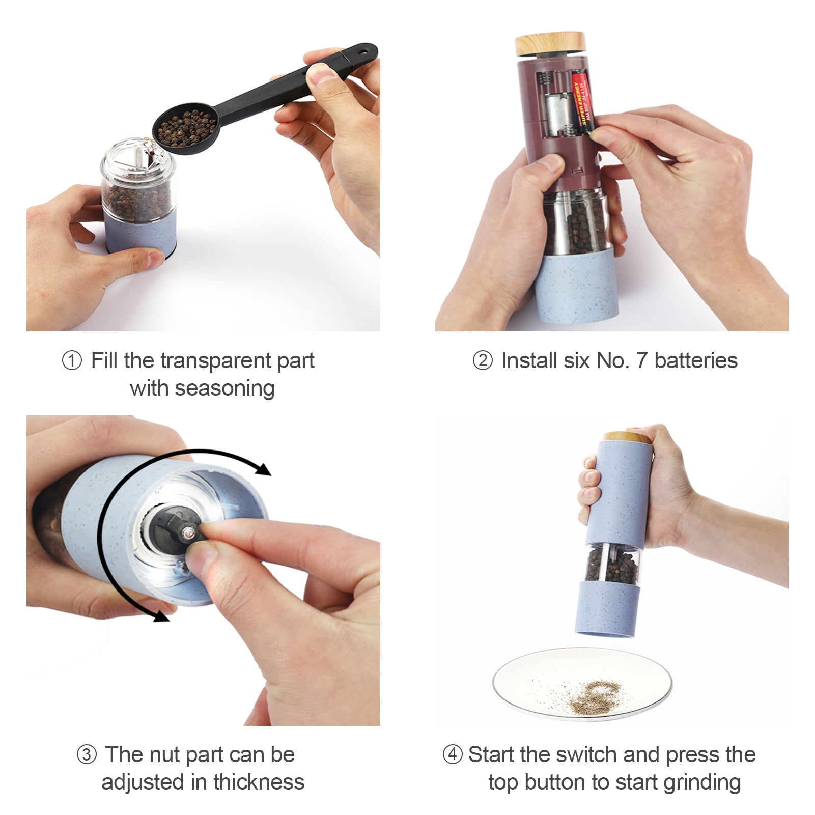 D-GROEE 2Pcs ZX-D39 Electric Pepper Grinder Automatic Adjustable Coarseness Seasoning Spice Mill with LED for Pepper Salt Cumin