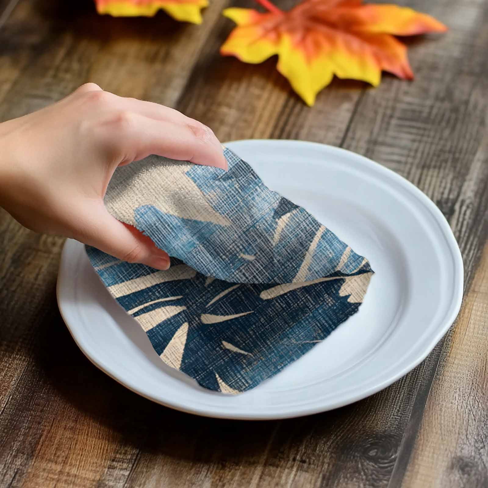 Blue Brown Palm Leaf Kitchen Towel Dish Cloths Set of 3, Microfiber Soft Kitchen Hand Towels, Retro Summer Botanical Absorbent Quick Drying Dishcloths 18 x 28 Inches
