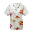 thumbnail image 4 of EGNMCR T-Shirts pour Femmes Femmes Mode Été Pli Imprimé Régulier Femmes Manches Courtes Col en V Bouton Haut, 4 of 5