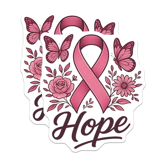 (2 Pack) Hope Ribbon Stickers - Breast Cancer Awareness - Butterfly Floral Decals- 5" On Longest Side - Sticks to Smooth Flat Surfaces - Made in USA - BMCS16806