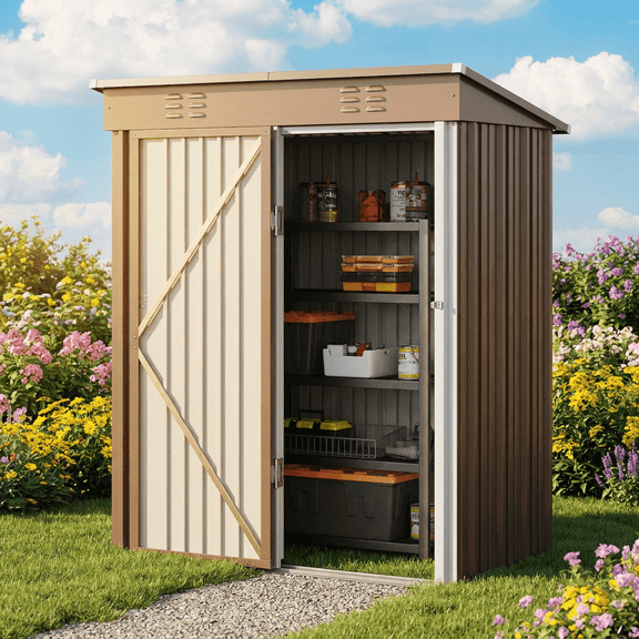 Outdoor Metal Storage Shed, Asofer Galvanized Steel Tool House with Lockable Doors & Vents Waterproof for Backyard Garden Patio Brown