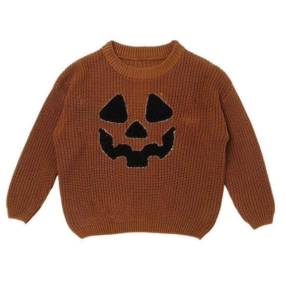 KHONTS Toddler Girl Boy Halloween Sweater Pumpkin Smile Embroidery Knitted Pullover Sweater Fall Winter Clothes,Sizes 3-7 Years Coffee 6T
