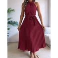 thumbnail image 4 of Women'S 2025 Summer Sleeveless Halter Neck Pleated Midi Cocktail Dresses A Line Flowy Beach Sun Dress Wine Red S, 4 of 9