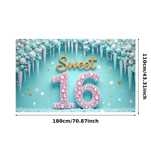 Gemstone Studded Sweet 16 Birthday Banner Ice Theme Celebration Sign for Teenage Party Event Decoration