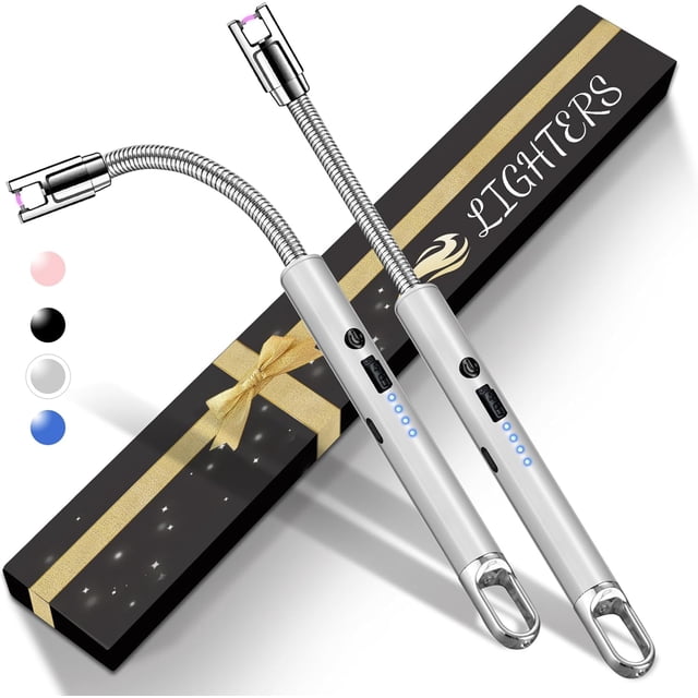 2 PCS Electric Lighter, Candle Lighter Arc Windproof Flame-Less with 360° Flexible Neck & LED Power Display, Type-C Rechargeable for BBQ, Grill, Camping, Fireplace, Stove