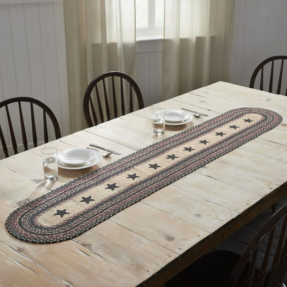 VHC Brands Colonial Star, Braided Jute Table Runner, Oval, Tan Red Black, 13x72
