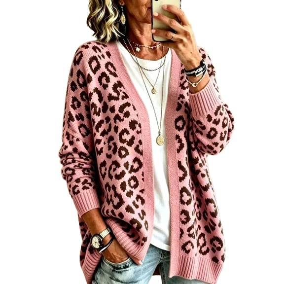 Dweltoz Leopard Print Cardigan Sweaters for Women V Neck Open Front Knitted Cardigan Sweater Button Fuzzy Y2k Fall Sweater Outerwear Plus Size Chunky Fall Sweaters Coat