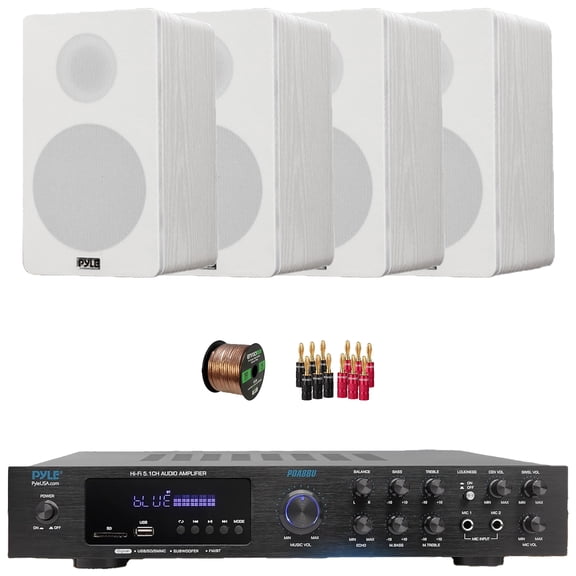Pyle PDA8BU 5.1 Channel Bluetooth USB/AUX MP3 Player SD/FM Radio Home Audio Receiver with Remote Control, 4x 6.5” 240W Peak 2-Way HiFi Home Theater Bookshelf White Speakers, Wire, Banana Plugs