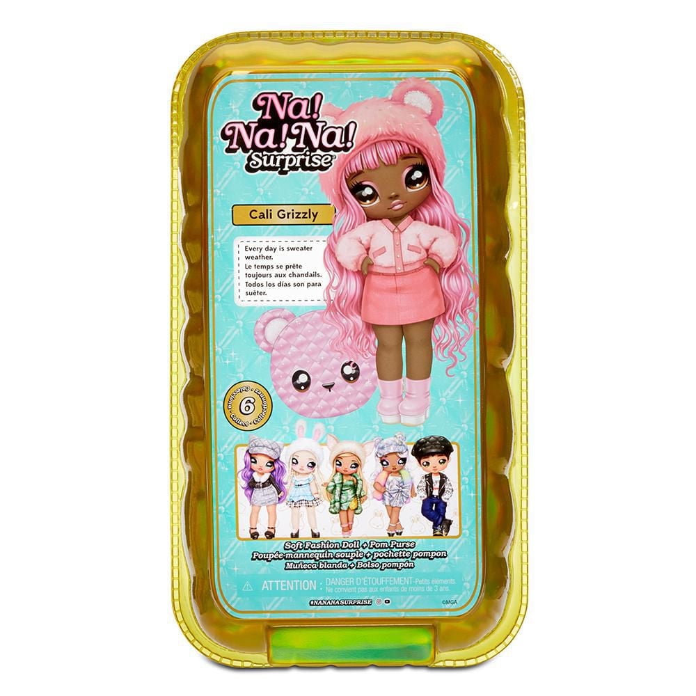 Na Na Na Surprise 2-in-1 Fashion Doll and Metallic Purse Glam Series - Cali Grizzly, Pink Hair Doll with Pink Bear Purse