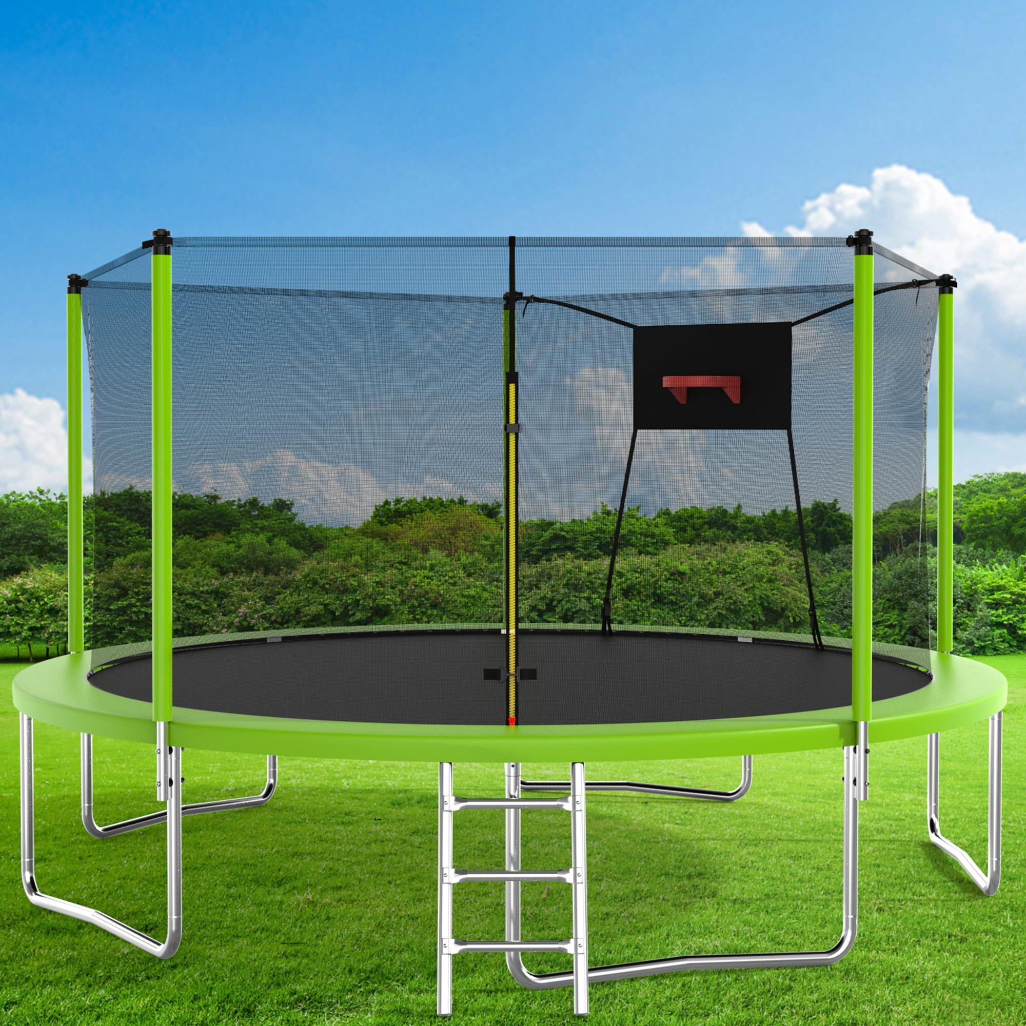 14FT Trampoline for Kids Adults, Seizeen Round Trampoline with Enclosure Net, 2-IN-1 Outdoor Trampoline w/Hoop, Ladder, Waterproof Mat