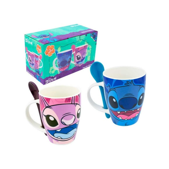 Juego 2 Tazas Porcelana Ambient 21 Diseño Stitch & Angel Azul y Morado 310 ml con Caja de Regalo