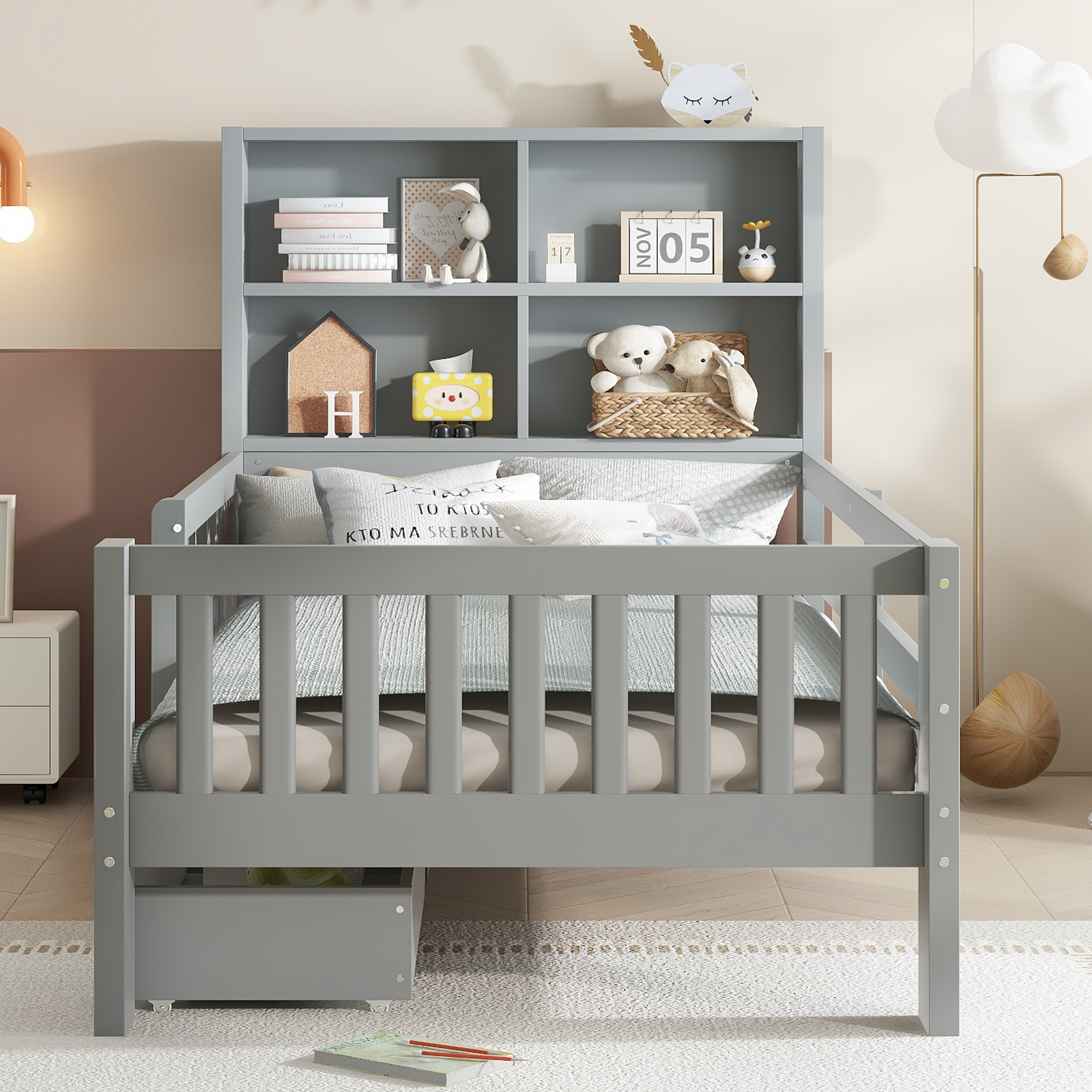 Yoneston Kids Twin Platform Bed with Storage Headboard and Chalkboard, Wood Platform Storage Bed with 2 Drawers & 4 Shelves for Boys Girls, Gray