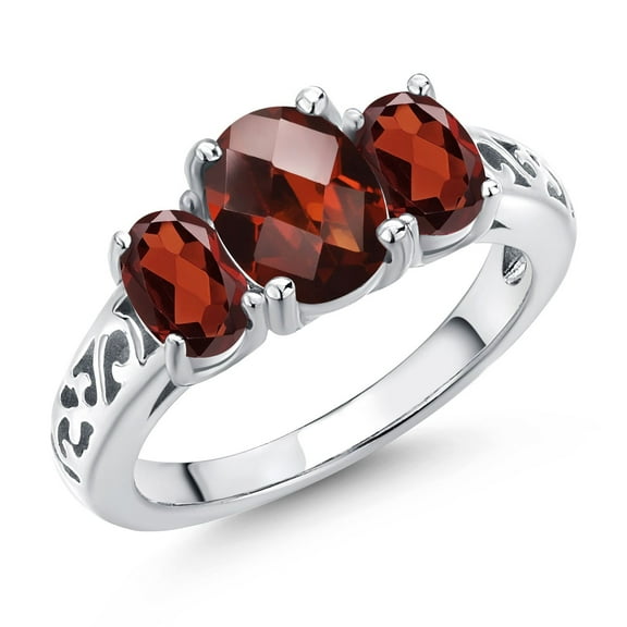 Gem Stone King 925 Sterling Silver Red Garnet Filigree Style 3 Stone Ring for Women (2.67 Cttw, Oval 8X6MM and 6X4MM) (Size 5)