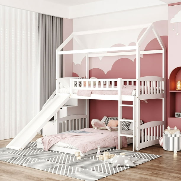 Twin Over Bunk Bed With Slide, Princess Bunk Bed With Slide And Stairs