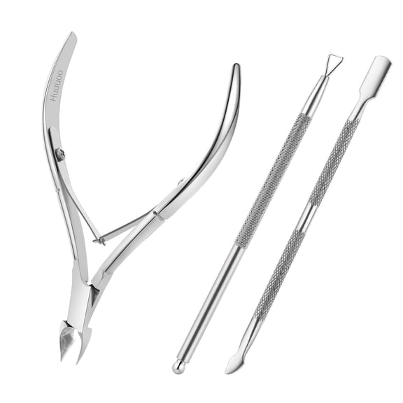 Huauoo 3-Piece Stainless Steel Cuticle Nipper Kit with Full Jaw Nipper, Pusher & Remover, Silver