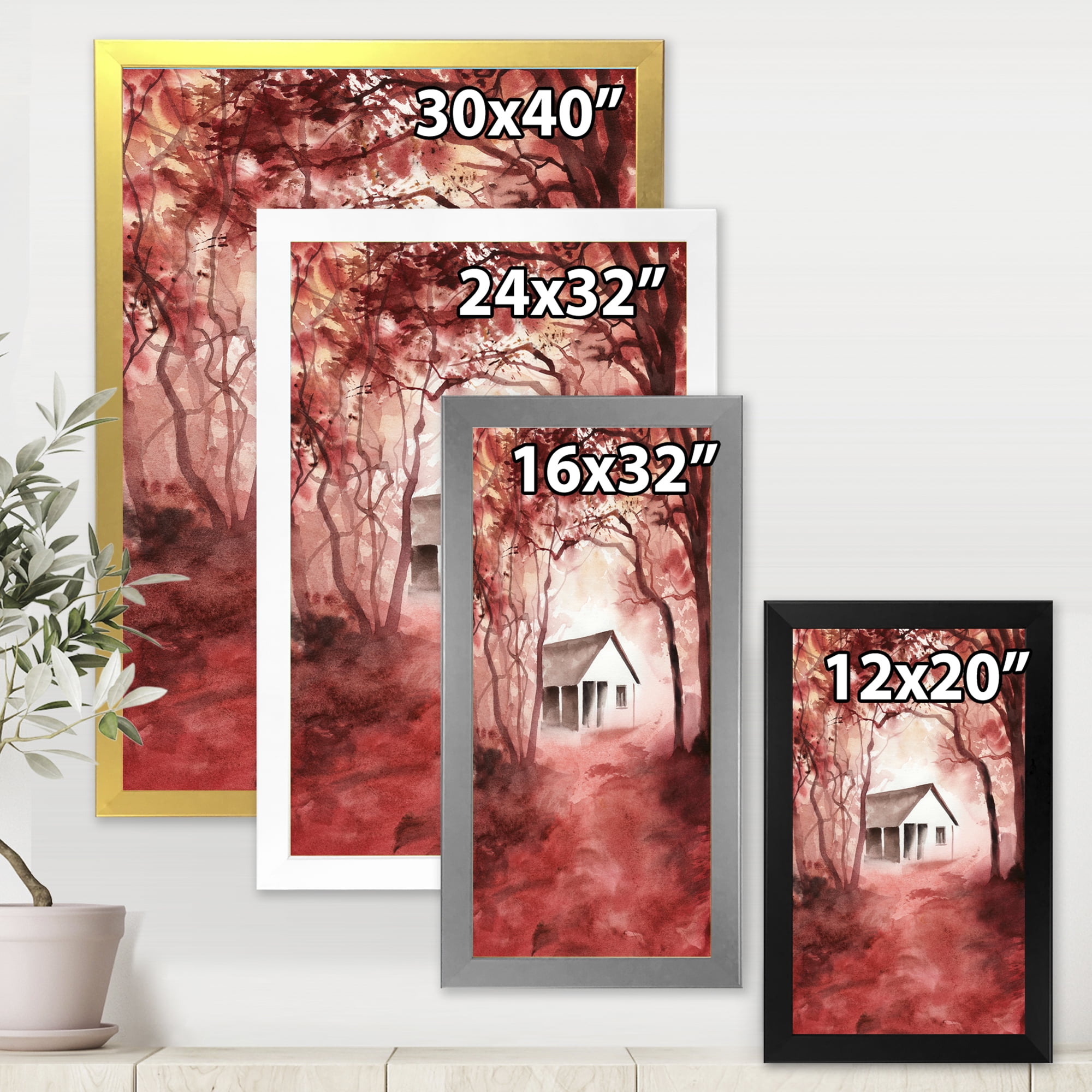 Designart 'Red Autumn Woods and A House in Wild' Cabin & Lodge Framed Art Print