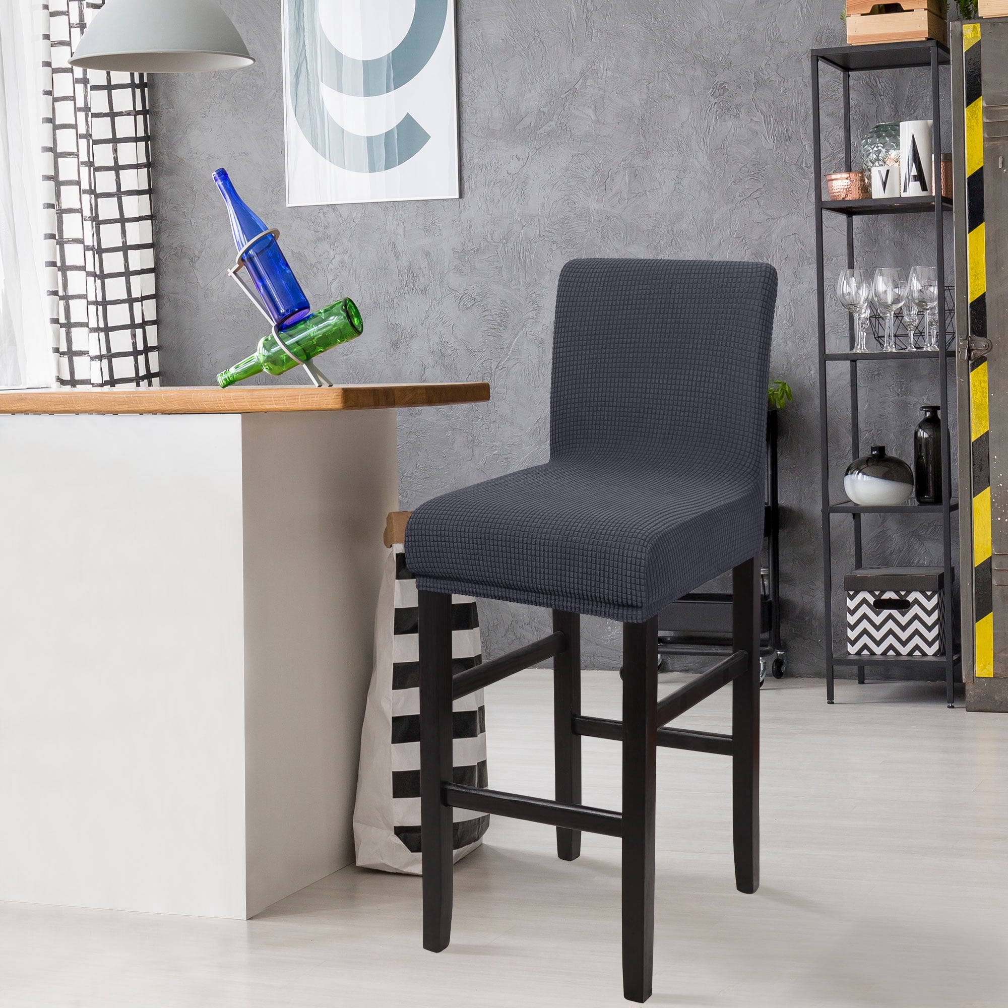 Unique Bargains Polyester Stretch Bar Stool Covers Elastic Band Mid Back Chair Slipcover Slategray 1 Pc