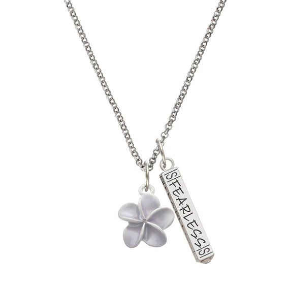 Delight Jewelry Silvertone Purple Plumeria Flower Silvertone Fearless Bar Charm Necklace, 23"