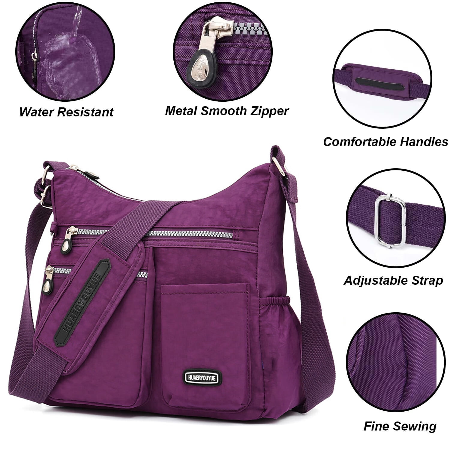 AOUNQ Crossbody Bags for Women Waterproof Hobo Purse Handbag Multi-Pocket Shoulder Bag Nylon Travel Messenger Bag,Purple
