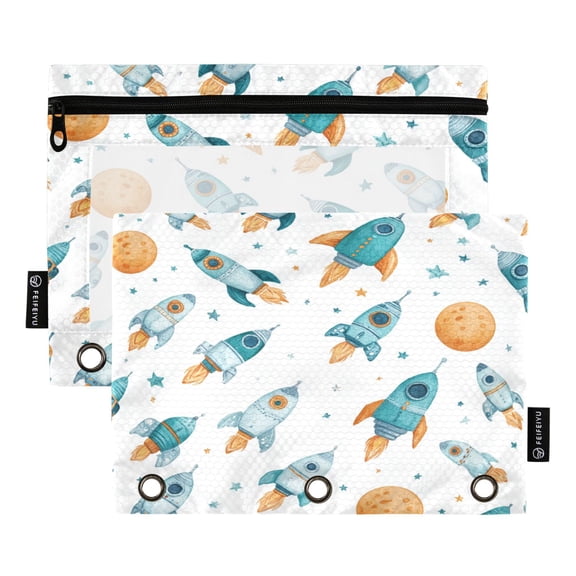 2 Pack 3 Ring Binder Pouch with Clear PVC Window Water Resistant Zipper Pencil Pouch Little Rocket Ships Pattern Binder Pocket for Classroom Office Home Stationery Organization