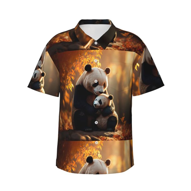 Fotbe Maple Forest Panda Camisa Hawaiana para Hombre Unisex – Camisa Casual de Verano con Botones de Manga Corta de Algodón y Lino,Small