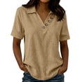 thumbnail image 3 of VBVC Women's Crinkle Short Sleeve Collared Top, Ladies' V-Neck Button Accent Blouse, Casual Breathable Summer Shirt For Women,Coffee,S-2XL, 3 of 7