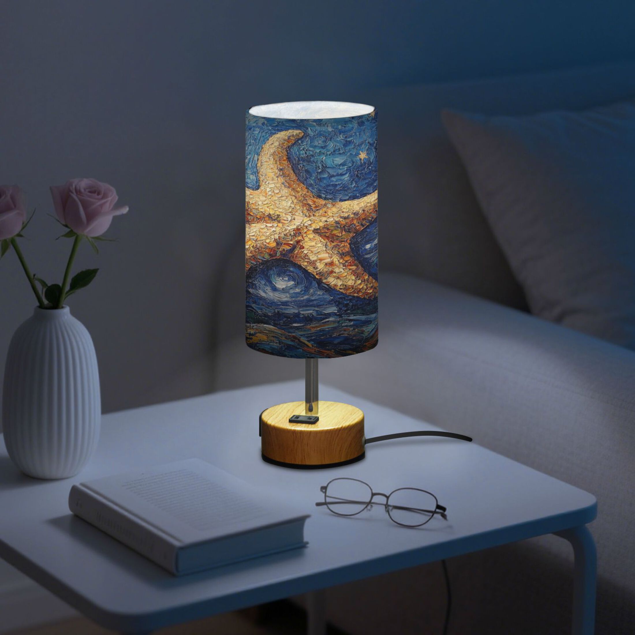 Wobogo Giant Starfish Oil Painting Bedside Lamp Touch Control Table Lamp with USB A+C Charging Ports & AC Outlet 3-Way Dimmable Nightstand Lamp with Linen Fabric Shade for Bedroom Living Room